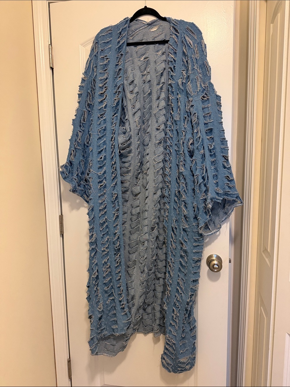 Light Blue Distressed Open-Front Women’s Kimono Coat